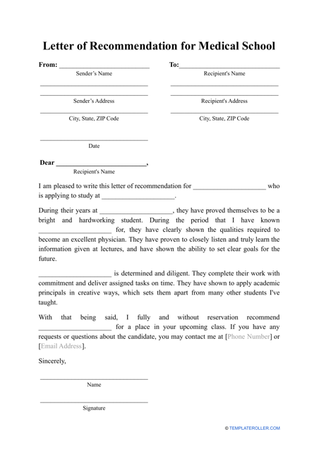 Letter of Recommendation for Medical School Template