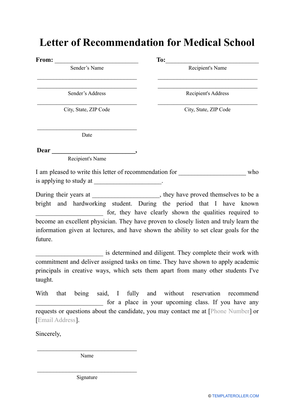 Letter of Recommendation for Medical School Template - Preview