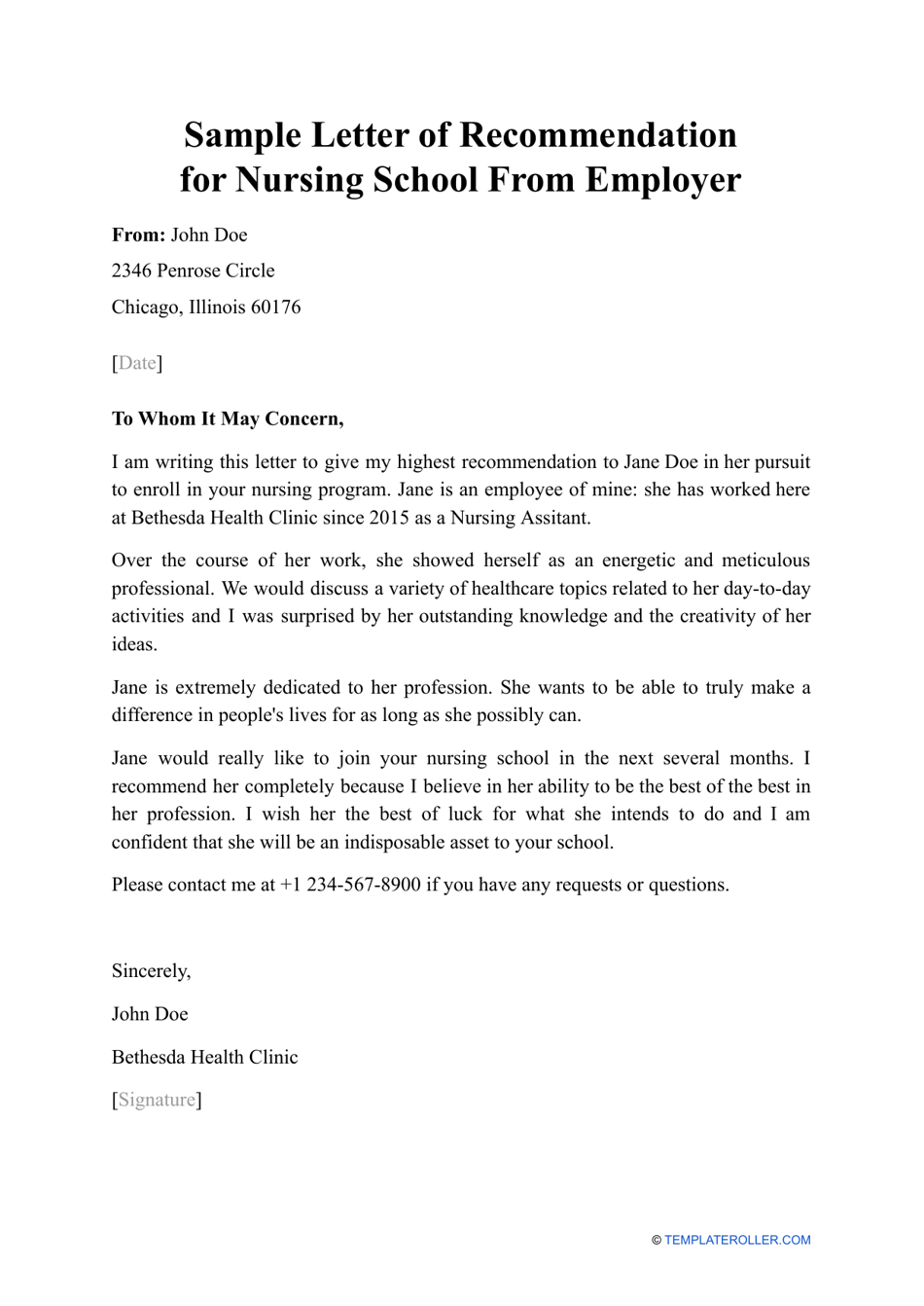Sample Letter of Recommendation for Nursing School From Employer