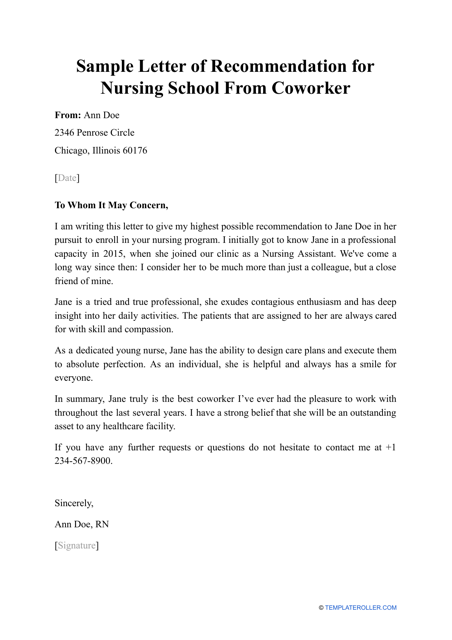 Sample Letter Of Recommendation For Nursing School From Coworker 