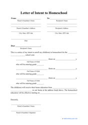 Document preview: Letter of Intent to Homeschool Template