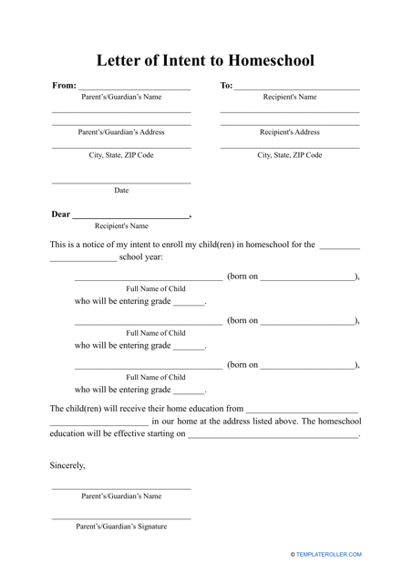 Letter of Intent to Homeschool Template