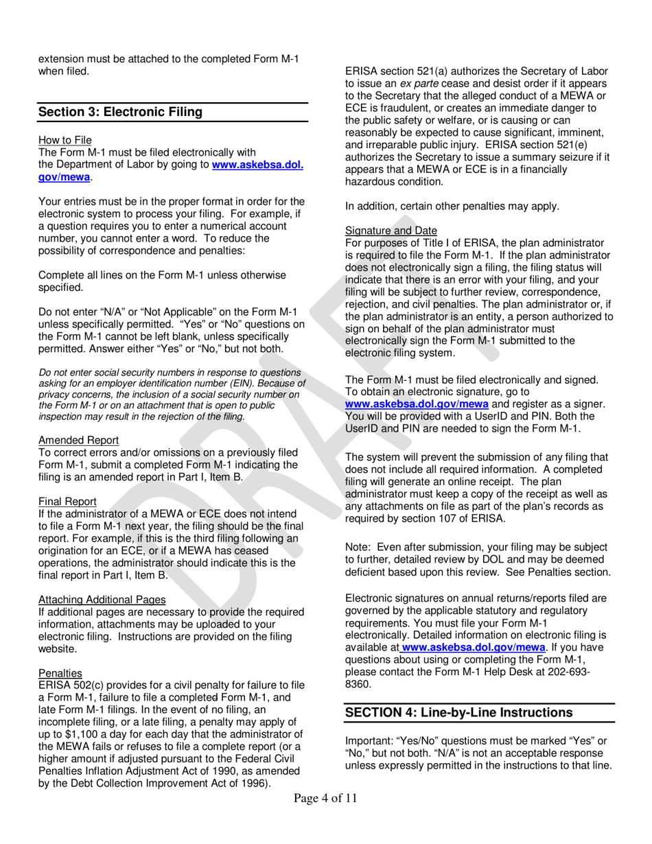 Instructions for Form M-1 Report for Multiple Employer Welfare Arrangements (Mewas) and Certain Entities Claiming Exception (Eces), Page 4