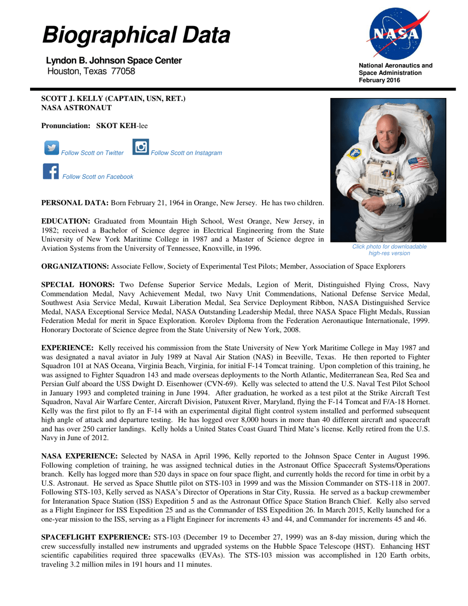 Biographical Data - Scott J. Kelly Download Printable PDF | Templateroller