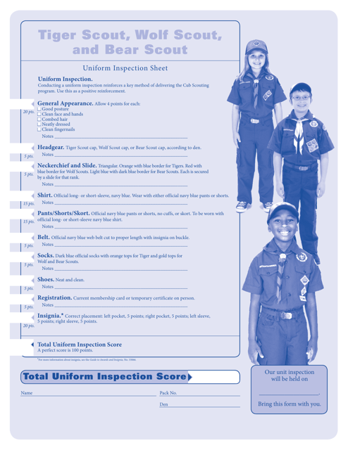 Uniform Inspection Sheet - Tiger Cub, Wolf Cub Scout, and Bear Cub Scout
