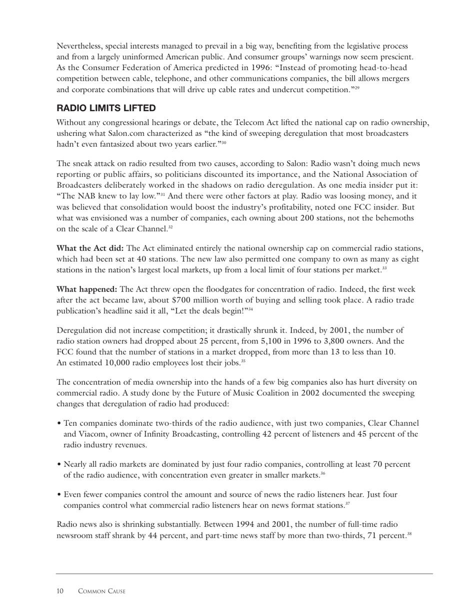 The Fallout From the Telecommunications Act of 1996: Unintended Consequences and Lessons Learned - Common Cause Education Fund, Page 10