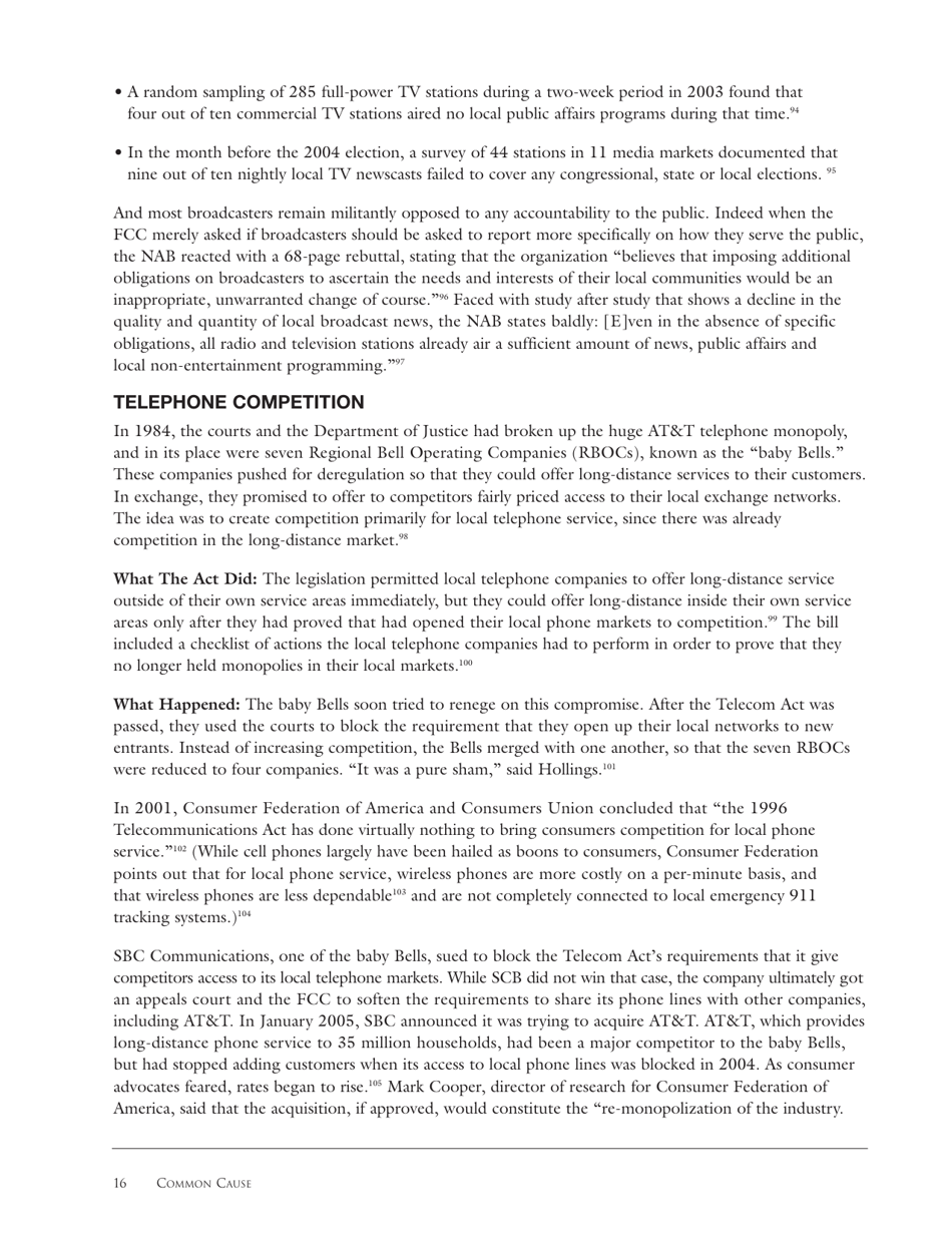 The Fallout From the Telecommunications Act of 1996: Unintended Consequences and Lessons Learned - Common Cause Education Fund, Page 16