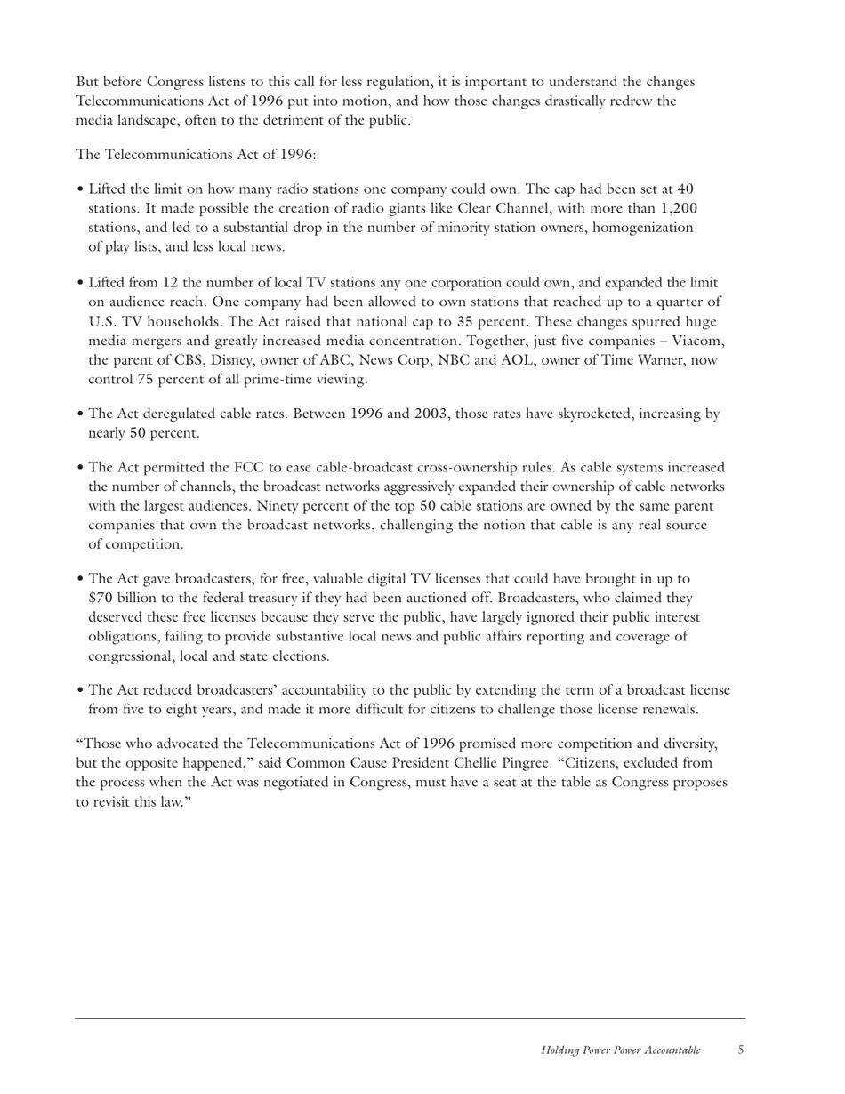 The Fallout From the Telecommunications Act of 1996: Unintended Consequences and Lessons Learned - Common Cause Education Fund, Page 5