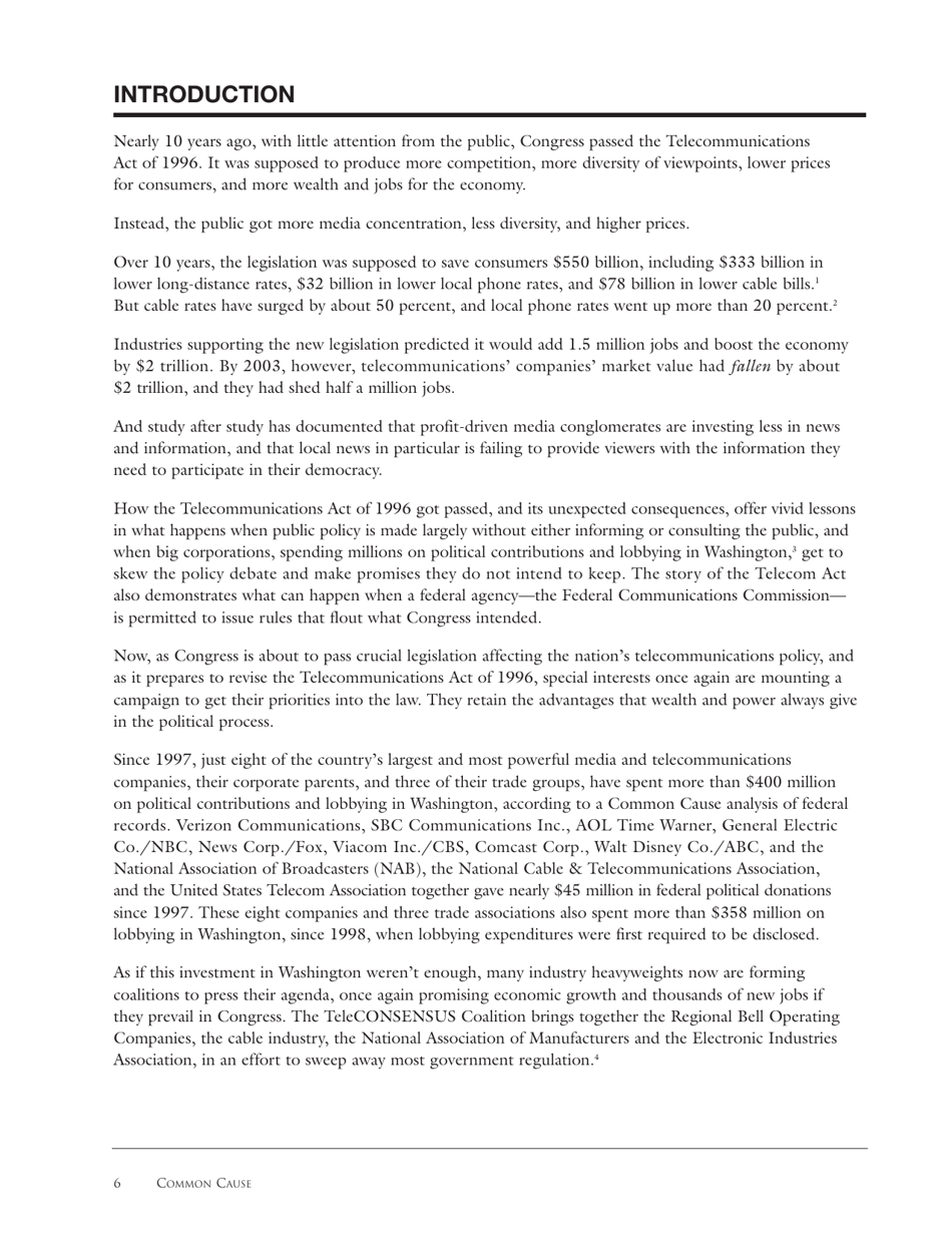 The Fallout From the Telecommunications Act of 1996: Unintended Consequences and Lessons Learned - Common Cause Education Fund, Page 6