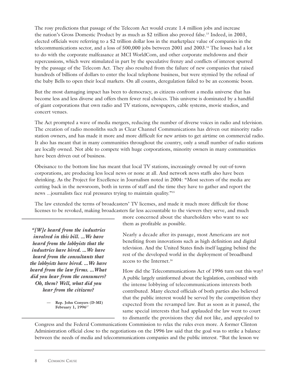 The Fallout From the Telecommunications Act of 1996: Unintended Consequences and Lessons Learned - Common Cause Education Fund, Page 8