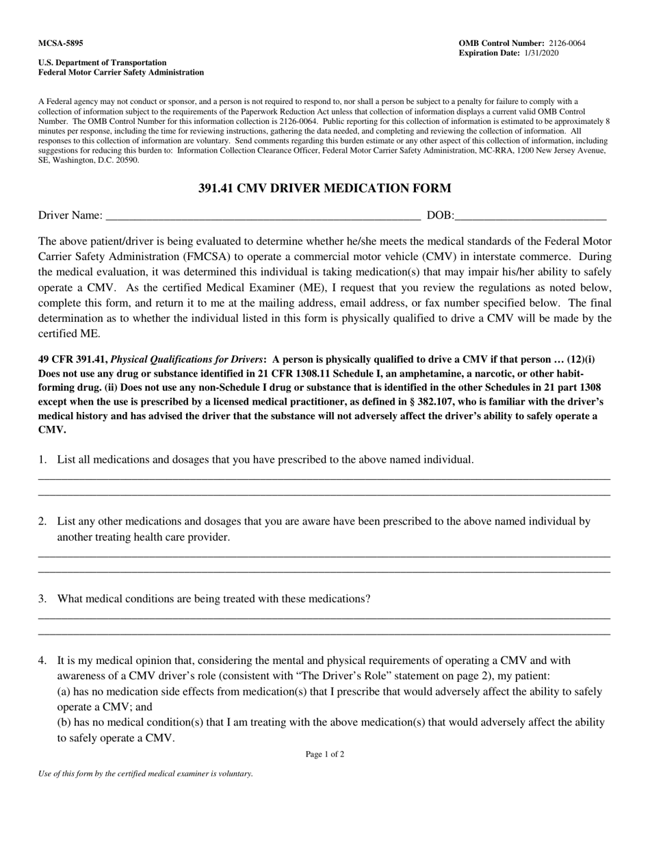 Form MCSA-5895 391.41 Cmv Driver Medication Form, Page 1