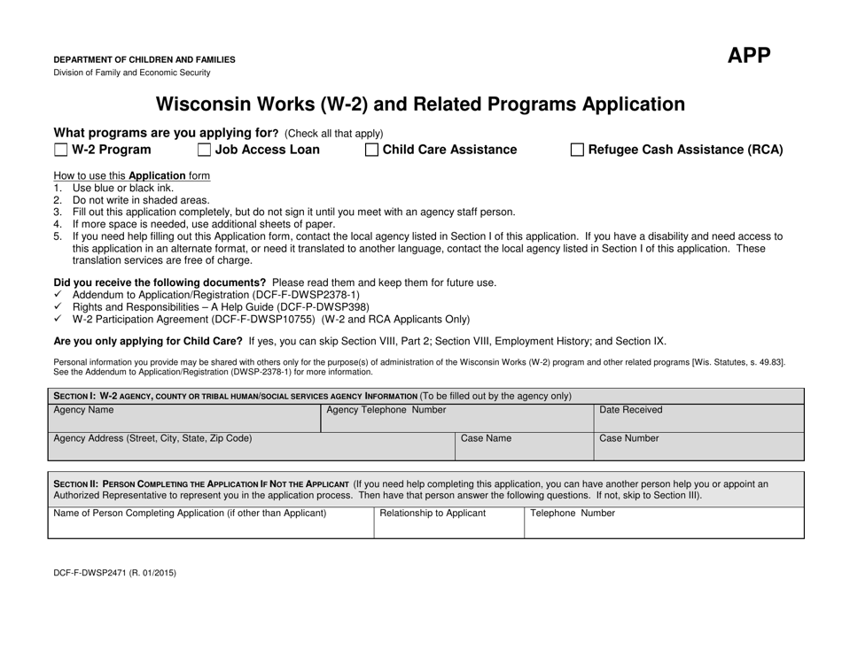 Form DCF-F-DWSP2471 Wisconsin Works (W-2) and Related Programs Application - Wisconsin, Page 1