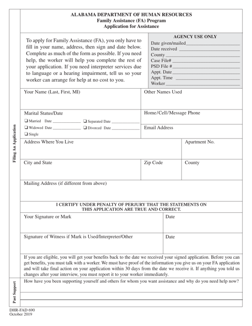 Form DHR-FAD690 Application for Assistance - Alabama
