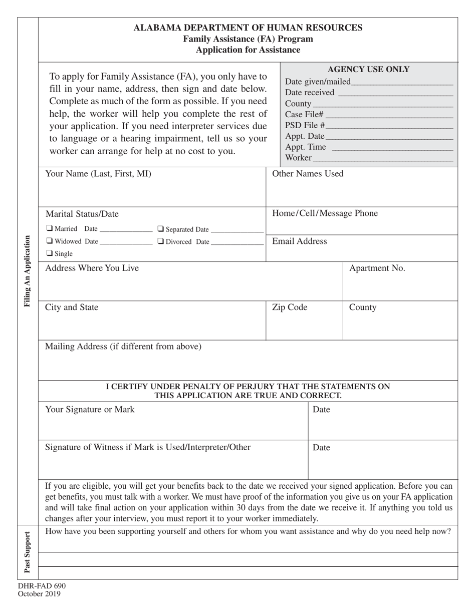 Form DHR-FAD690 Application for Assistance - Alabama, Page 1