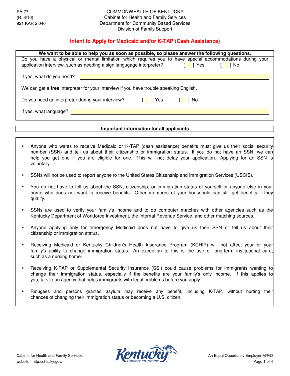 Form PA-77 Intent to Apply for Medicaid and / or K-Tap (Cash Assistance) - Kentucky, Page 1