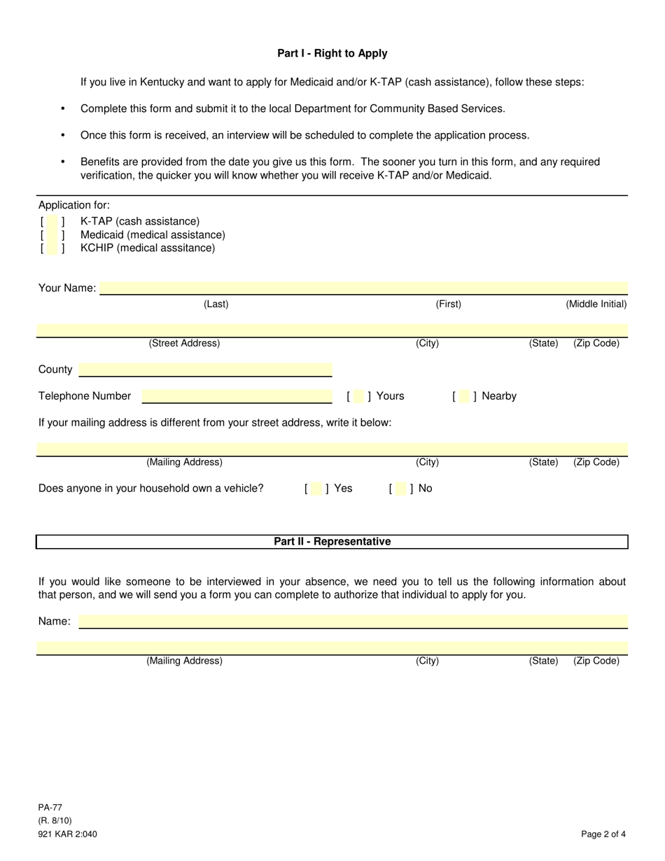 Form Pa 77 Download Printable Pdf Or Fill Online Intent To Apply For Medicaid Andor K Tap Cash 7445