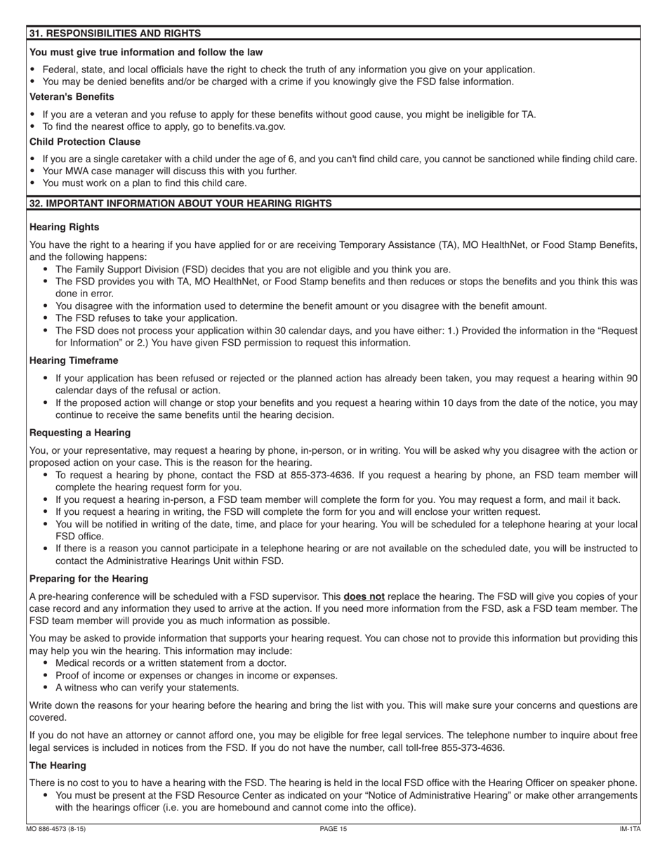 Form 886-4573 Application for Temporary Assistance Cash Benefits - Missouri, Page 15