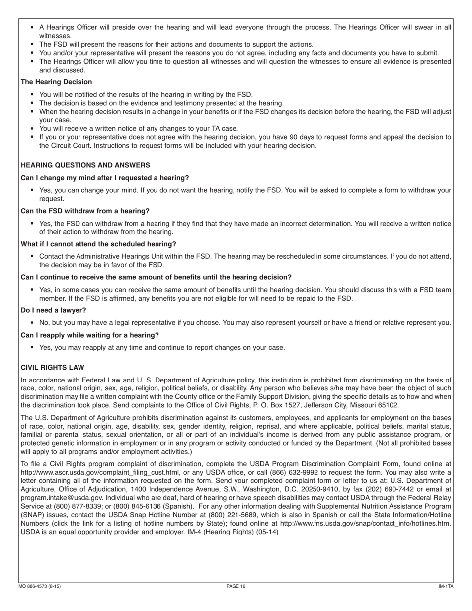 Form 886-4573 Application for Temporary Assistance Cash Benefits - Missouri, Page 16