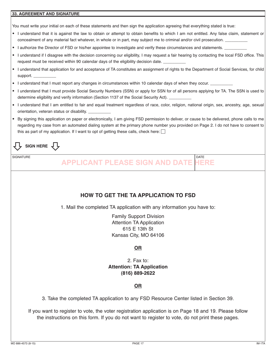 Form 886-4573 Application for Temporary Assistance Cash Benefits - Missouri, Page 17