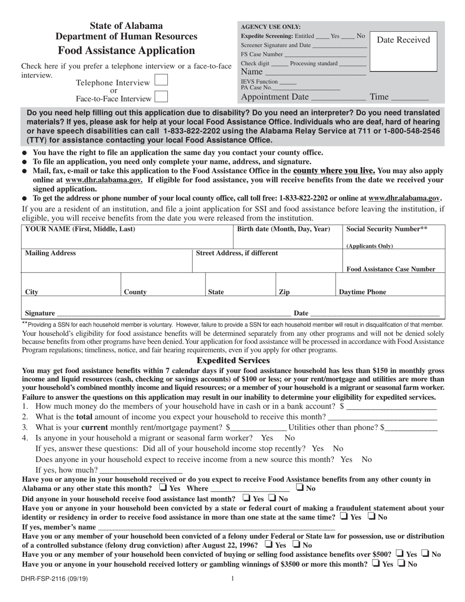 Form DHR-FSP-2116 Food Assistance Application - Alabama, Page 1