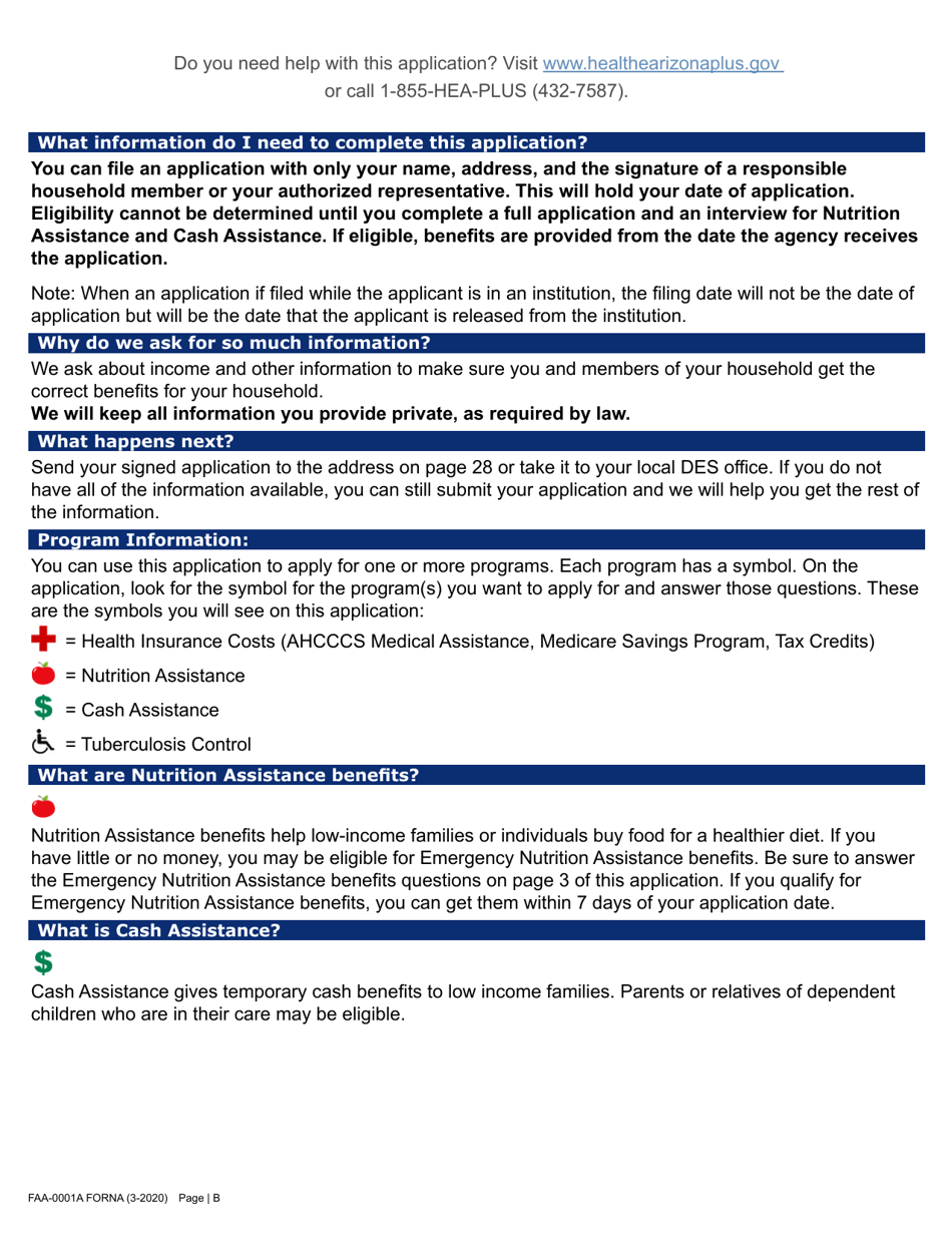 Form FAA-0001A Application for Benefits - Arizona, Page 2
