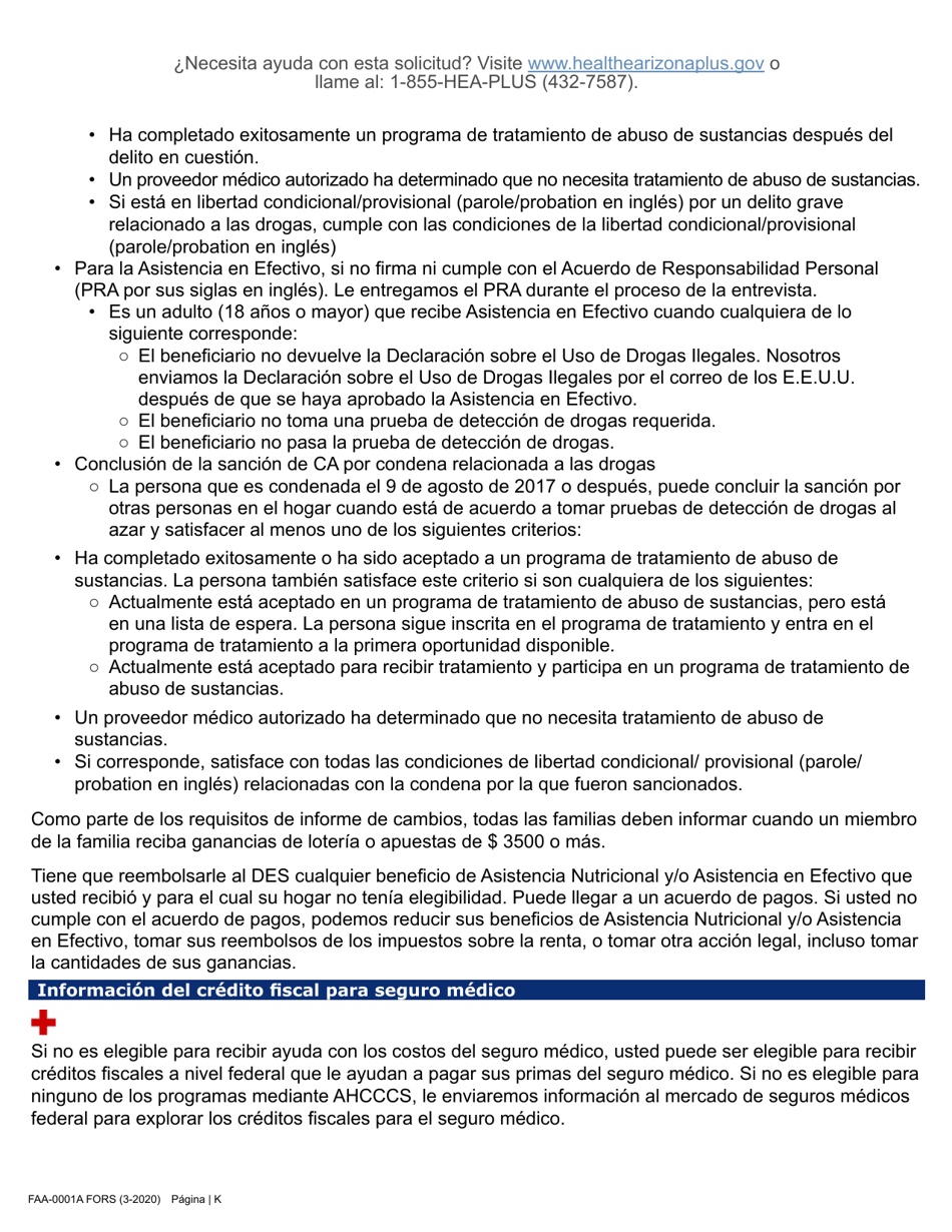 Formulario FAA-0001A Solicitud De Bene Ficios - Arizona (Spanish), Page 11