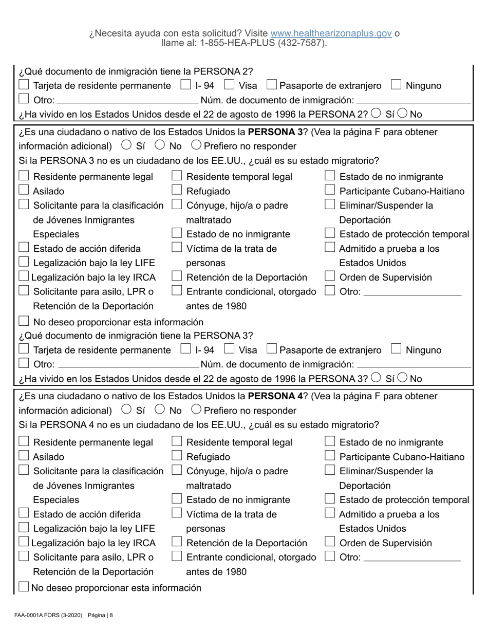 Formulario FAA-0001A Solicitud De Bene Ficios - Arizona (Spanish), Page 20