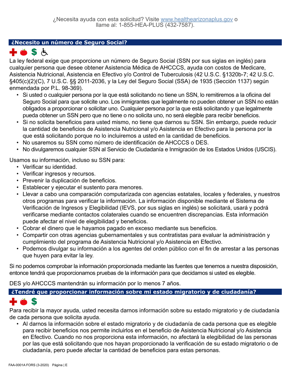 Formulario FAA-0001A Solicitud De Bene Ficios - Arizona (Spanish), Page 5