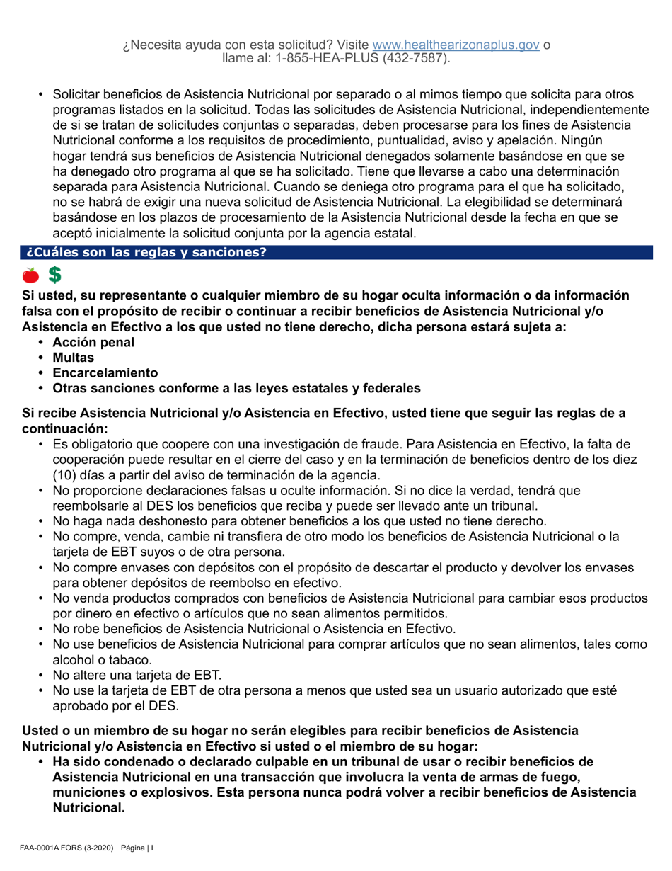 Formulario FAA-0001A Solicitud De Bene Ficios - Arizona (Spanish), Page 9