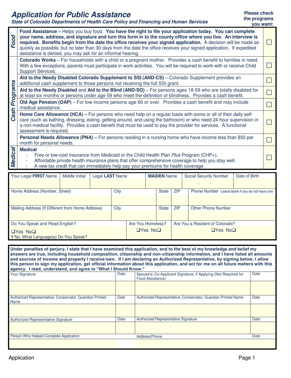 Application for Public Assistance - Colorado, Page 1