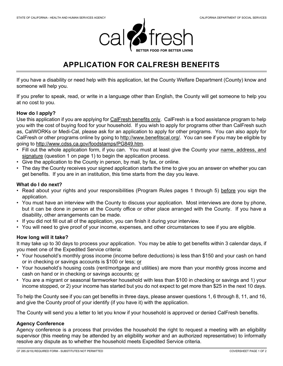 Form CF285 Application for CalFresh Benefits - California, Page 1