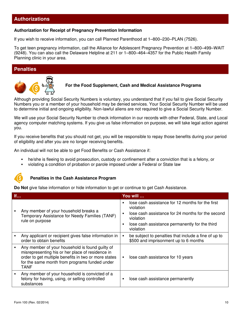 Form 100 Application for Food Benefits, Cash, Medical, and Child Care Assistance - Delaware, Page 11