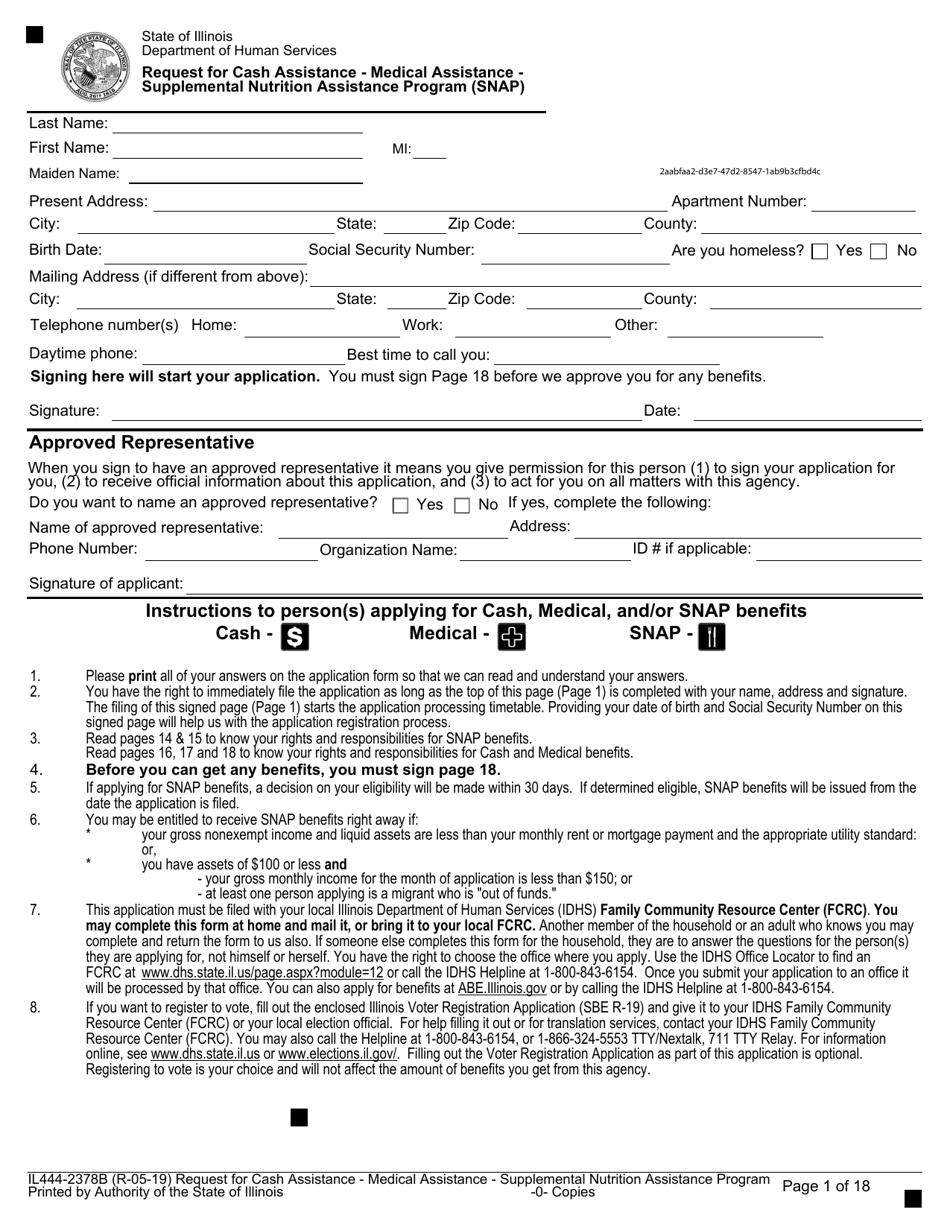 Form IL444-2378B Request for Cash Assistance - Medical Assistance - Supplemental Nutrition Assistance Program (Snap) - Illinois, Page 1