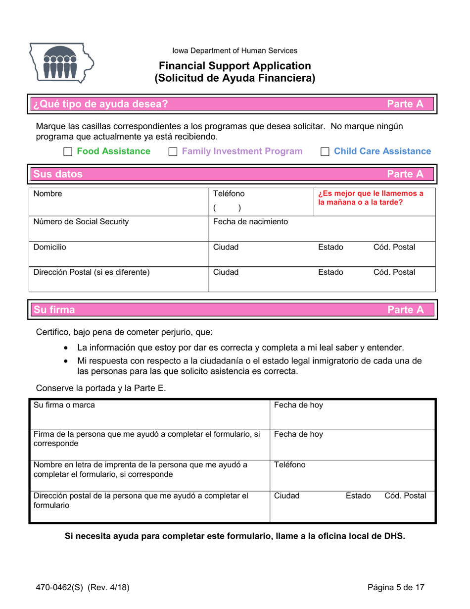 Formulario 470-0462(S) Solicitud De Ayuda Financiera - Iowa (Spanish), Page 5