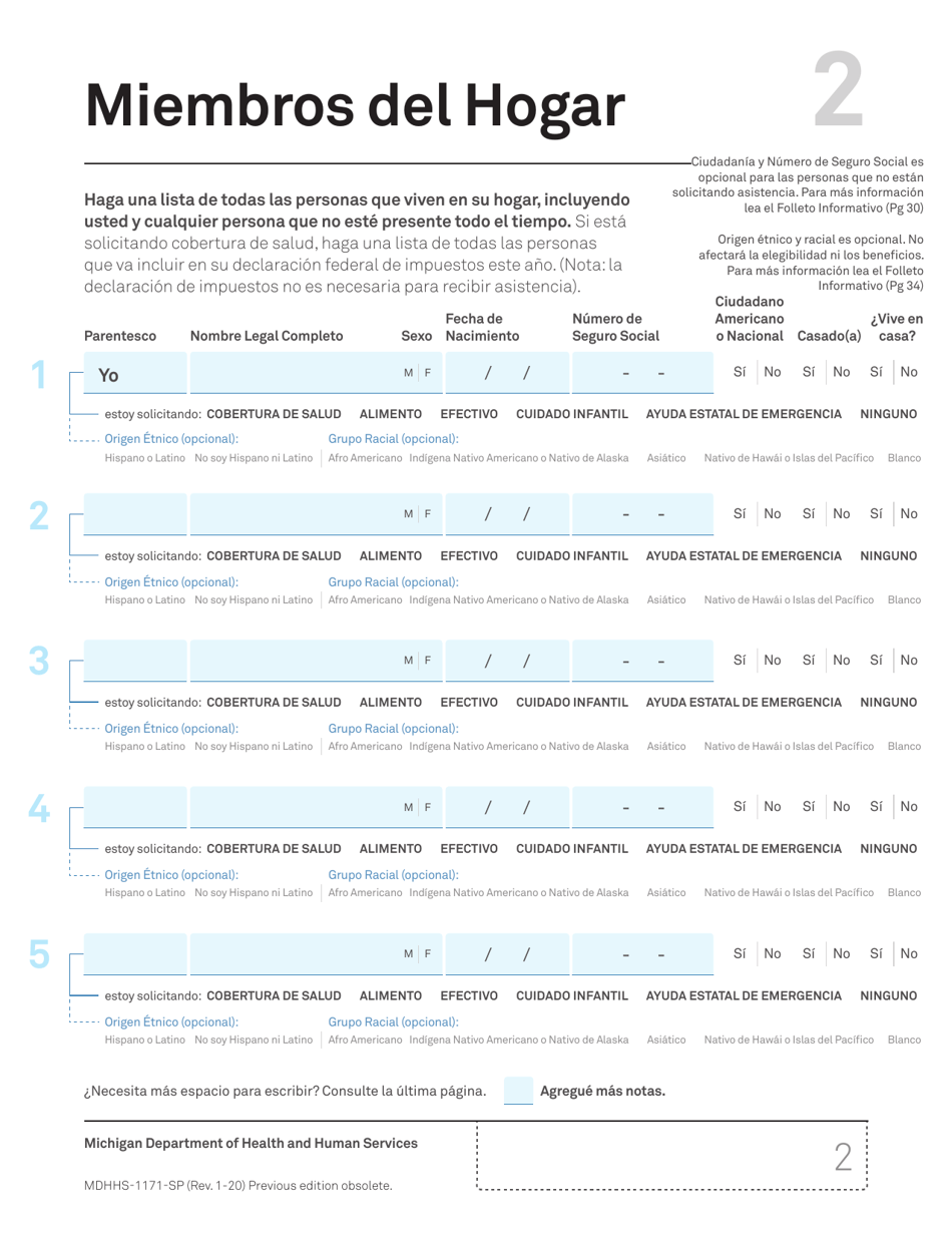 Formulario MDHHS-1171-SP Solicitud De Asistencia - Michigan (Spanish), Page 3