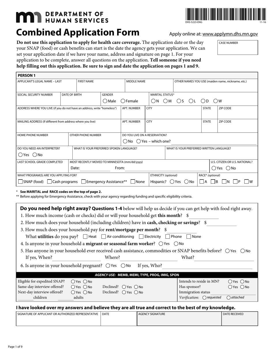 Form DHS-5223-ENG Combined Application Form - Minnesota, Page 3
