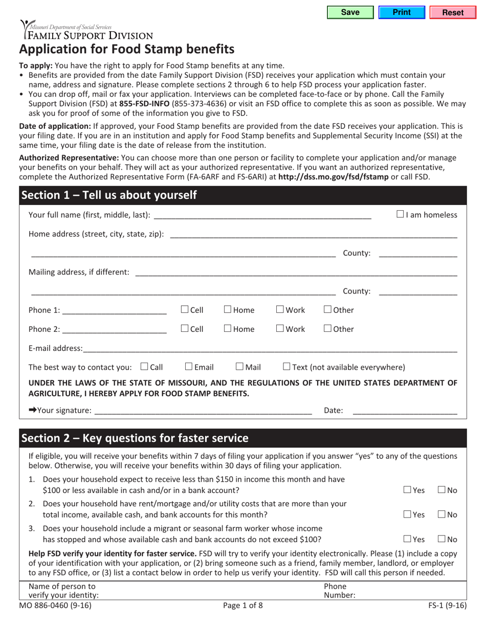 Form MO886-0460 (FS-1) Application for Food Stamp Benefits - Missouri, Page 1