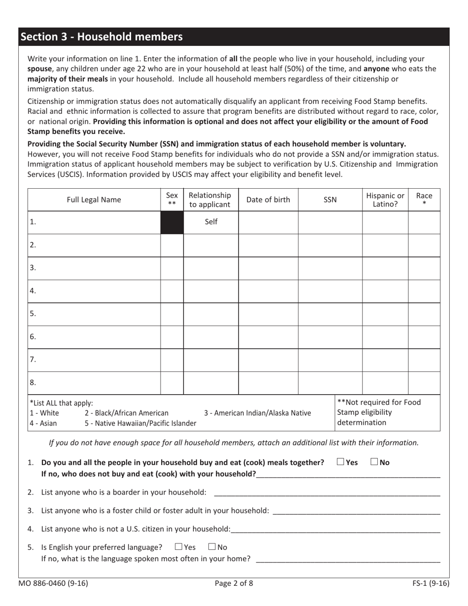 Form MO886-0460 (FS-1) Application for Food Stamp Benefits - Missouri, Page 2