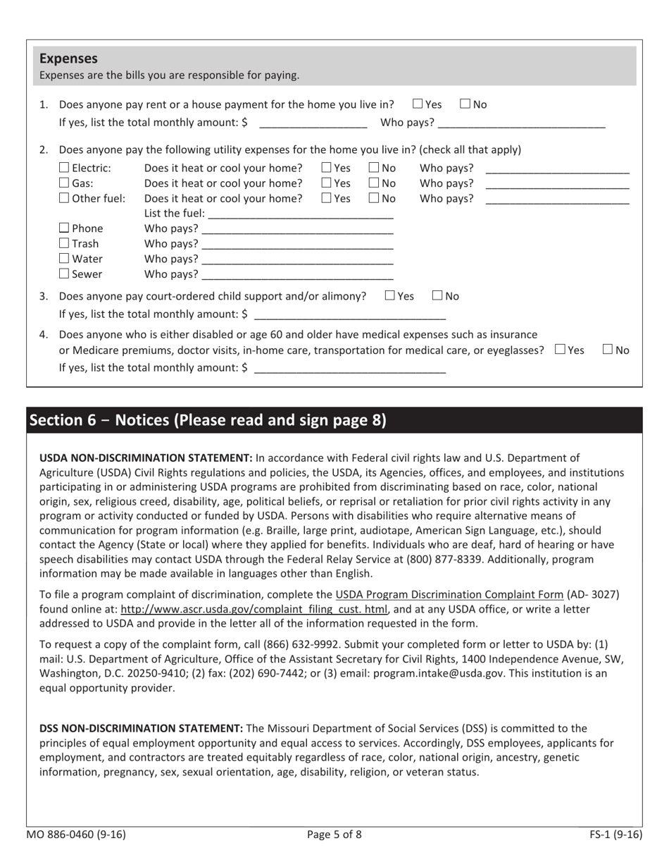 Form MO886-0460 (FS-1) Application for Food Stamp Benefits - Missouri, Page 5