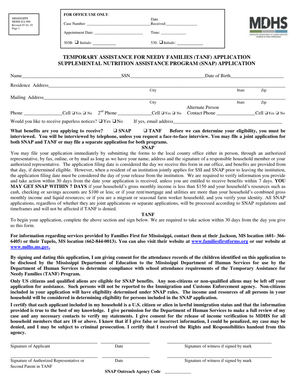 Form MDHS-EA-900 Temporary Assistance for Needy Families (TANF) Application Supplemental Nutrition Assistance Program (Snap) Application - Mississippi, Page 1