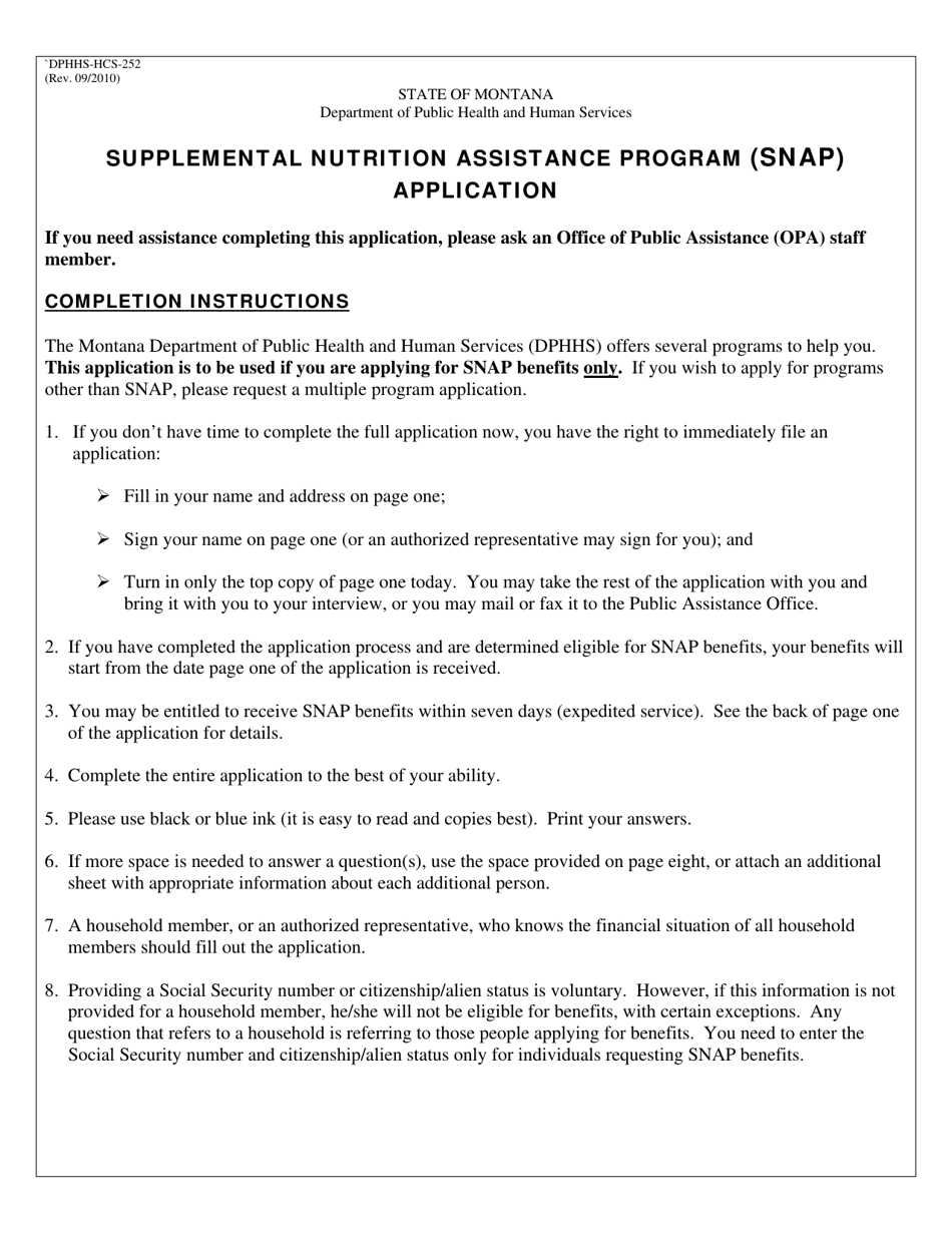 Form DPHHS-HCS-252 Supplemental Nutrition Assistance Program (Snap) Application - Montana, Page 1