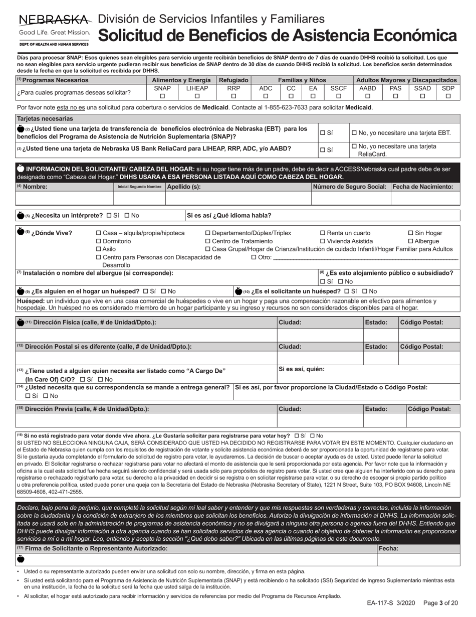 Formulario EA-117-S Solicitud De Beneficios De Asistencia Economica - Nebraska (Spanish), Page 3