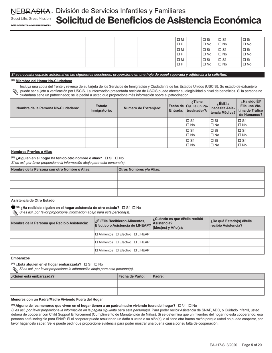 Formulario EA-117-S Solicitud De Beneficios De Asistencia Economica - Nebraska (Spanish), Page 5