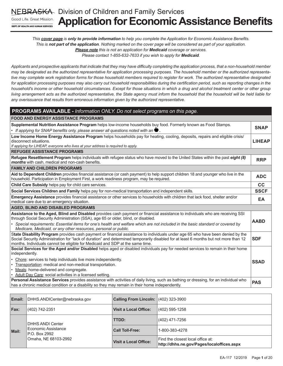 Form EA-117 Application for Economic Assistance Benefits - Nebraska, Page 1