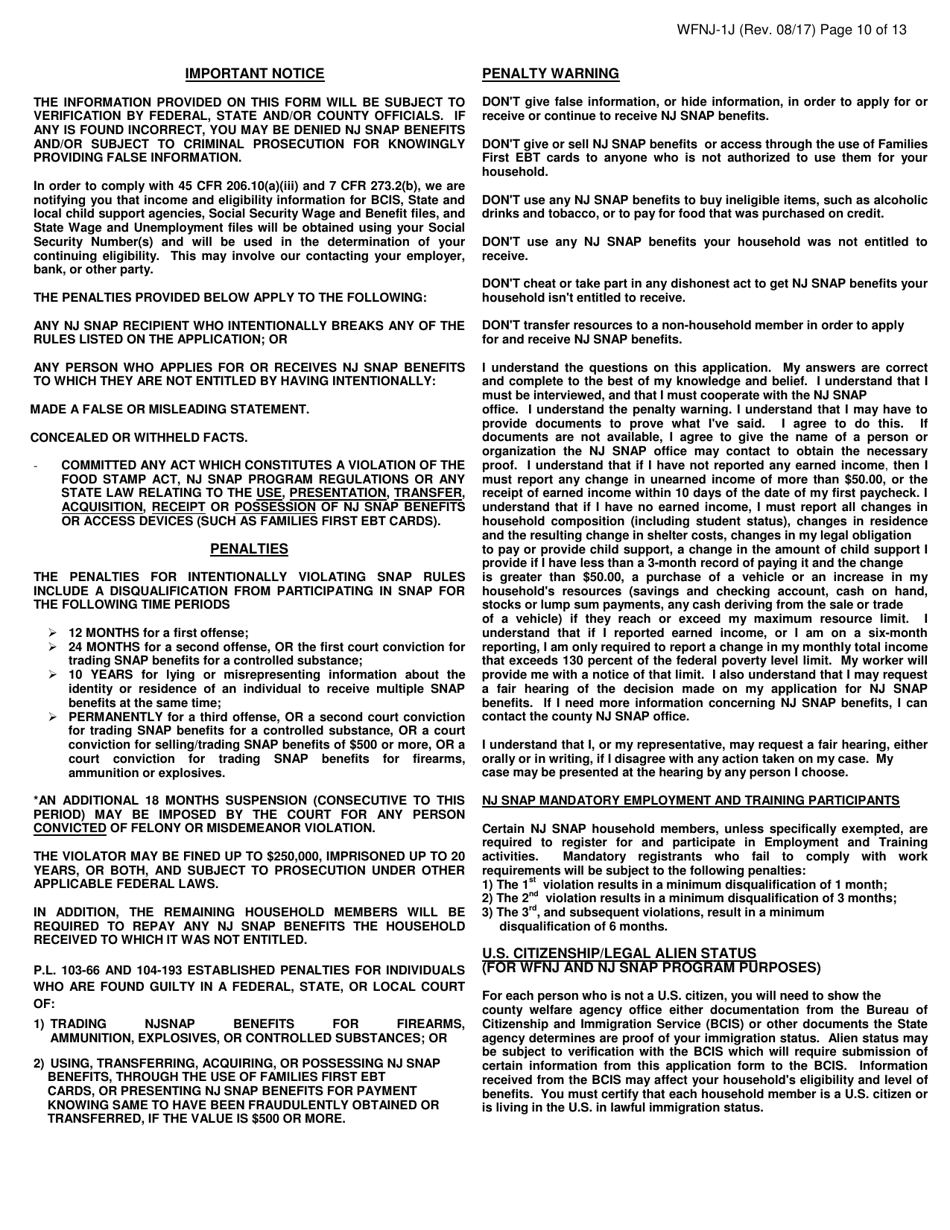 Form WFNJ-1J Application and Affidavit for Public Assistance - New Jersey, Page 10