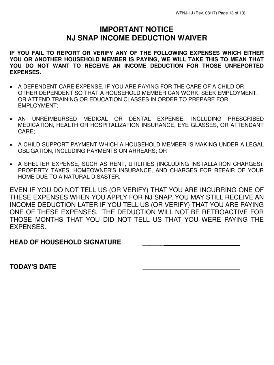 Form WFNJ-1J Application and Affidavit for Public Assistance - New Jersey, Page 13