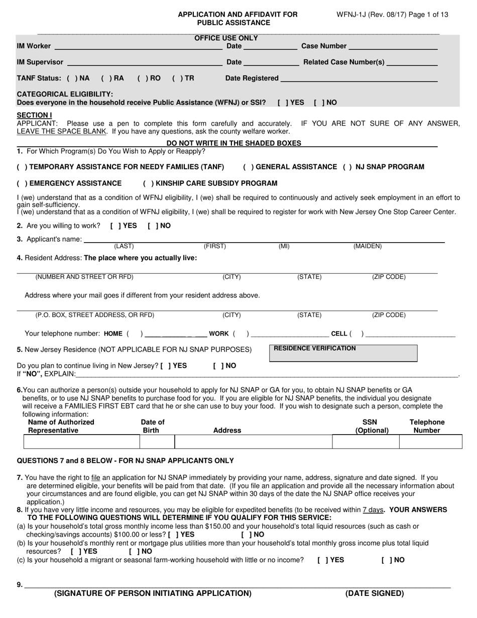 Form WFNJ-1J Application and Affidavit for Public Assistance - New Jersey, Page 1