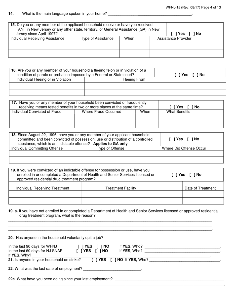 Form WFNJ-1J Application and Affidavit for Public Assistance - New Jersey, Page 4