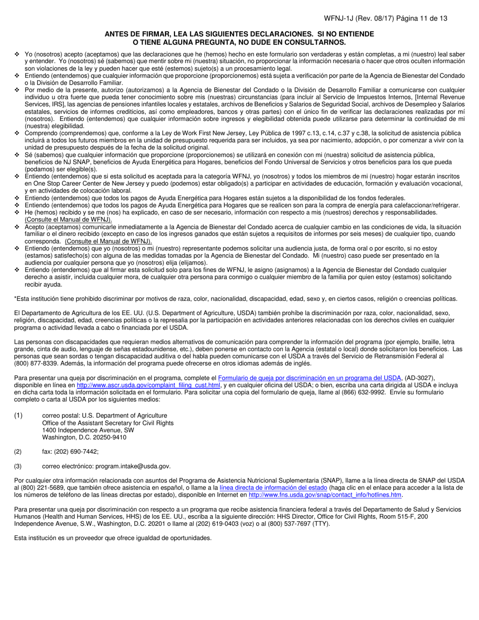 Formulario WFNJ-1J Solicitud Y Declaracion Jurada Para Asistencia Publica - New Jersey (Spanish), Page 11