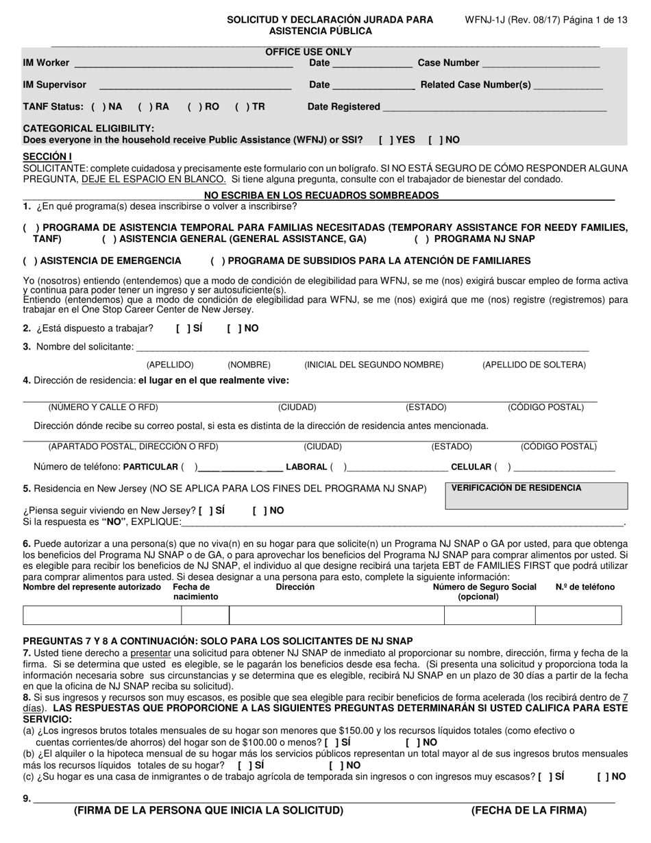 Formulario WFNJ-1J Solicitud Y Declaracion Jurada Para Asistencia Publica - New Jersey (Spanish), Page 1